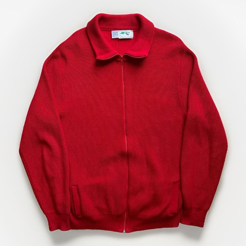 Vintage LL Bean Cotton Ribbed Full Zip Cardigan Large Red 80s Made in USA